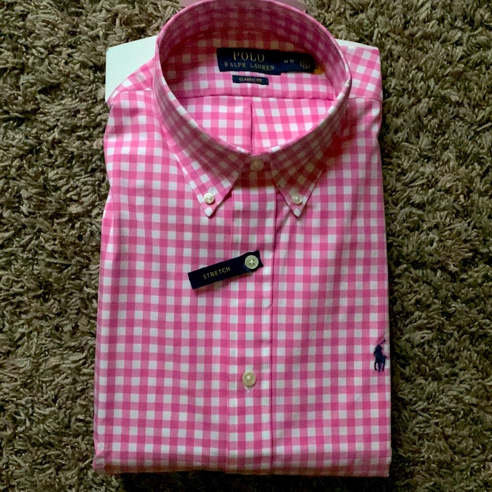 Long Sleeved Pink and White Checkered Polo Brand shirt